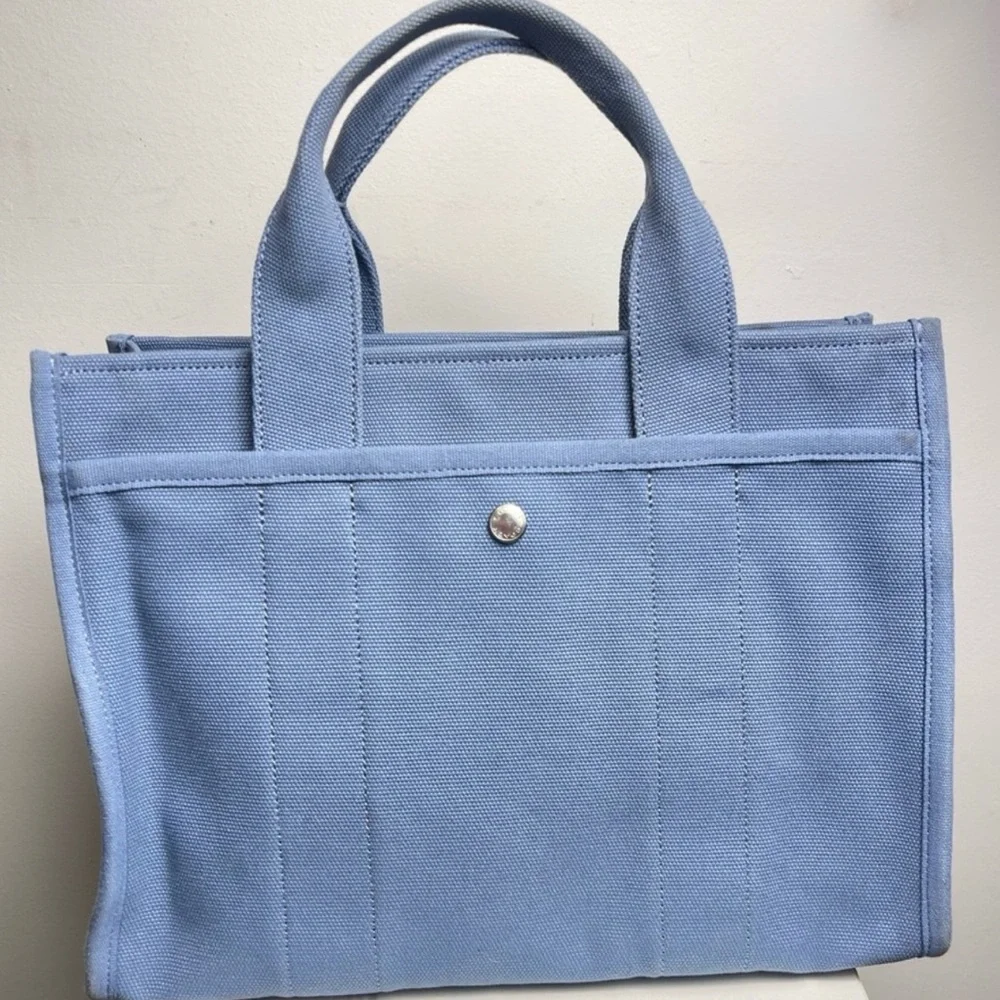Coach Light Blue Canvas Tote with Navy Script